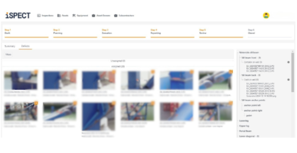 Screenshot of iSPECT software interface showcasing an inspection dashboard with navigation steps at the top and a grid of thumbnail images below, each labeled with step numbers from 