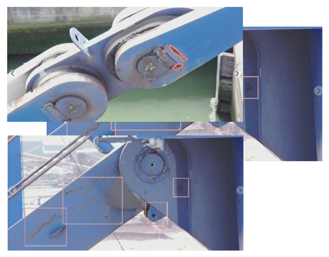 Close-up images of a blue industrial structure, highlighting mechanical components such as gears and pulleys. The images emphasize details and potential areas for maintenance or inspection
