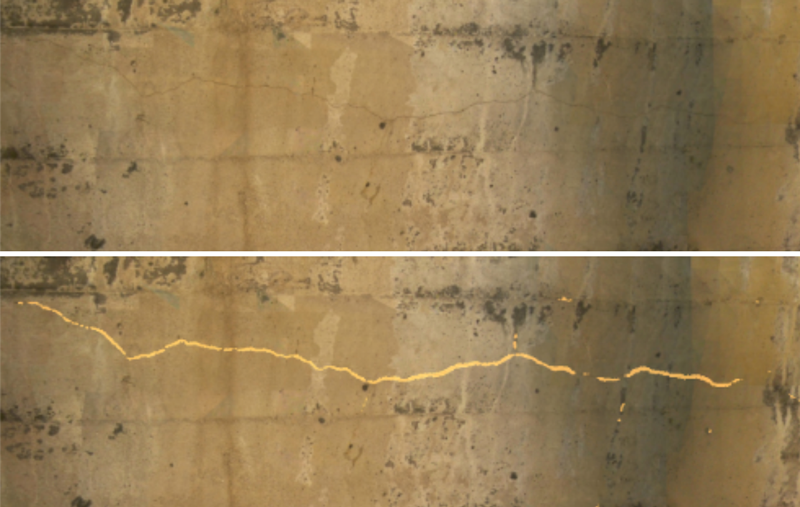 Cracked concrete wall showing comparison before and after repairing, with illuminated crack details