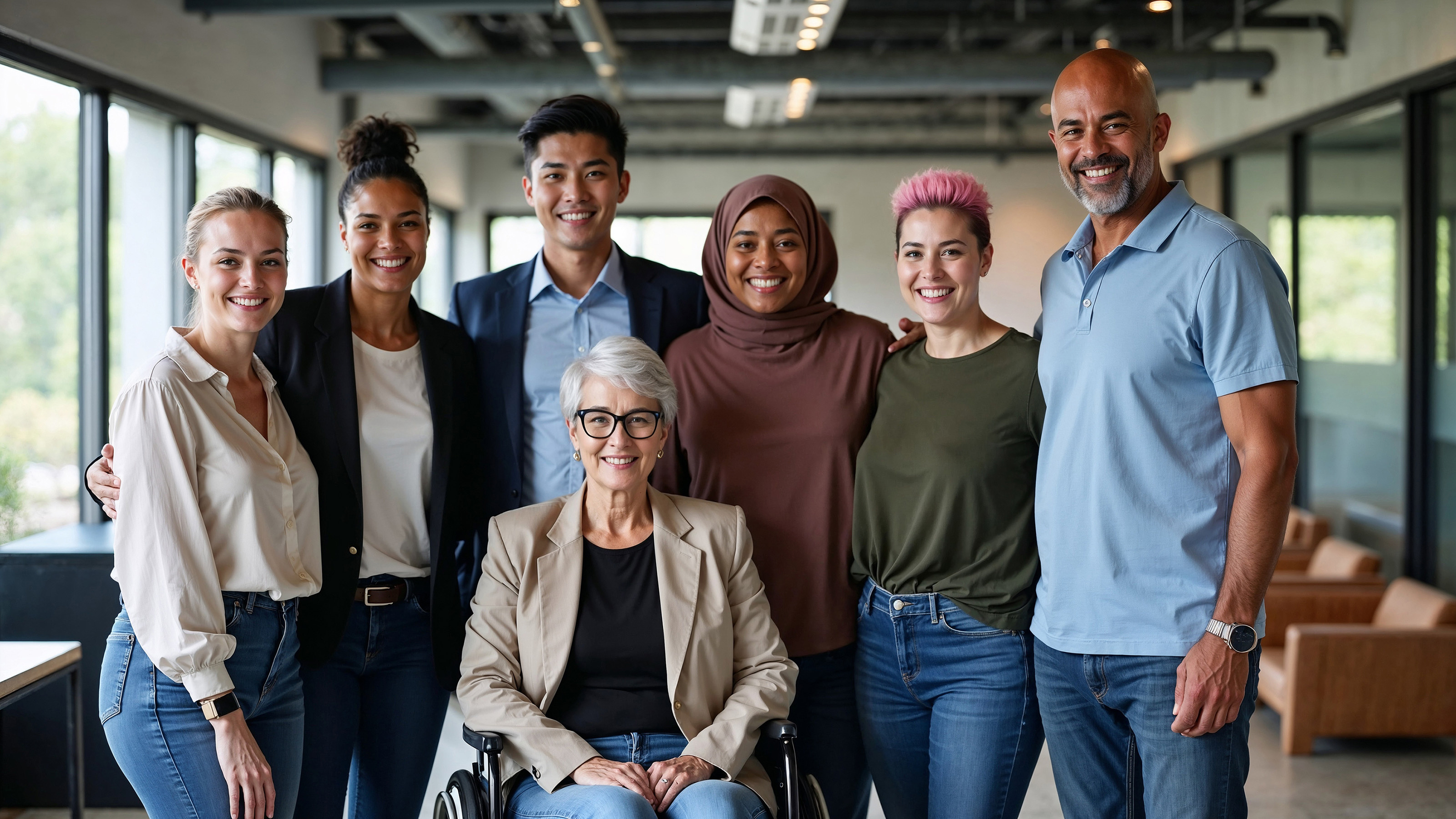 A diverse group of professionals smiling in a modern office space, featuring a senior woman in a wheelchair surrounded by six colleagues, representing inclusion and teamwork