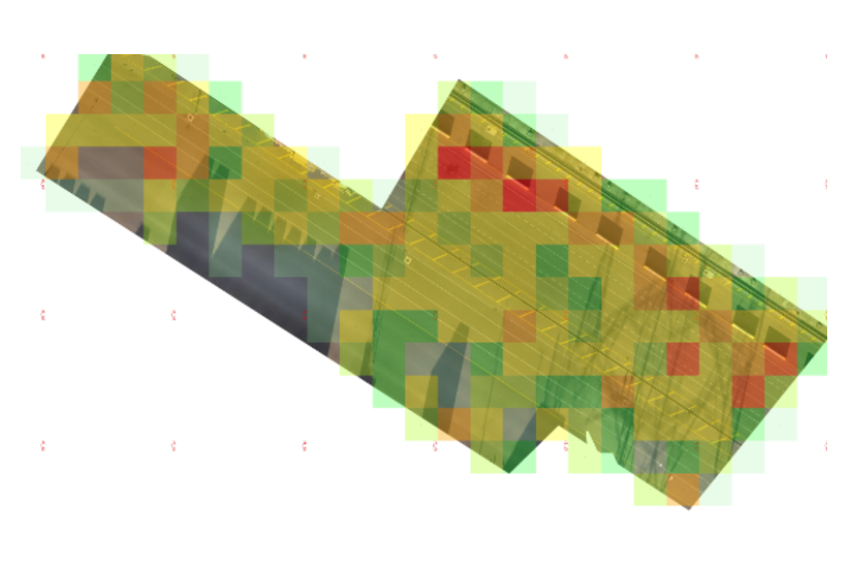3D model of a structure with overlaid heatmap displaying color-coded data analysis
