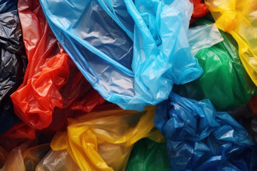 Pile of colorful plastic bags, featuring shades of blue, red, yellow, and green, highlighting environmental concerns related to plastic waste