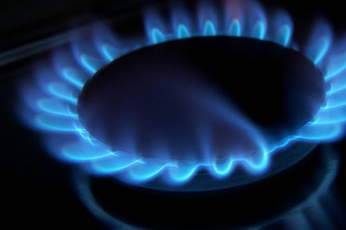 Blue flame on a lit gas stove burner, showing energy efficiency and heating power in a kitchen appliance