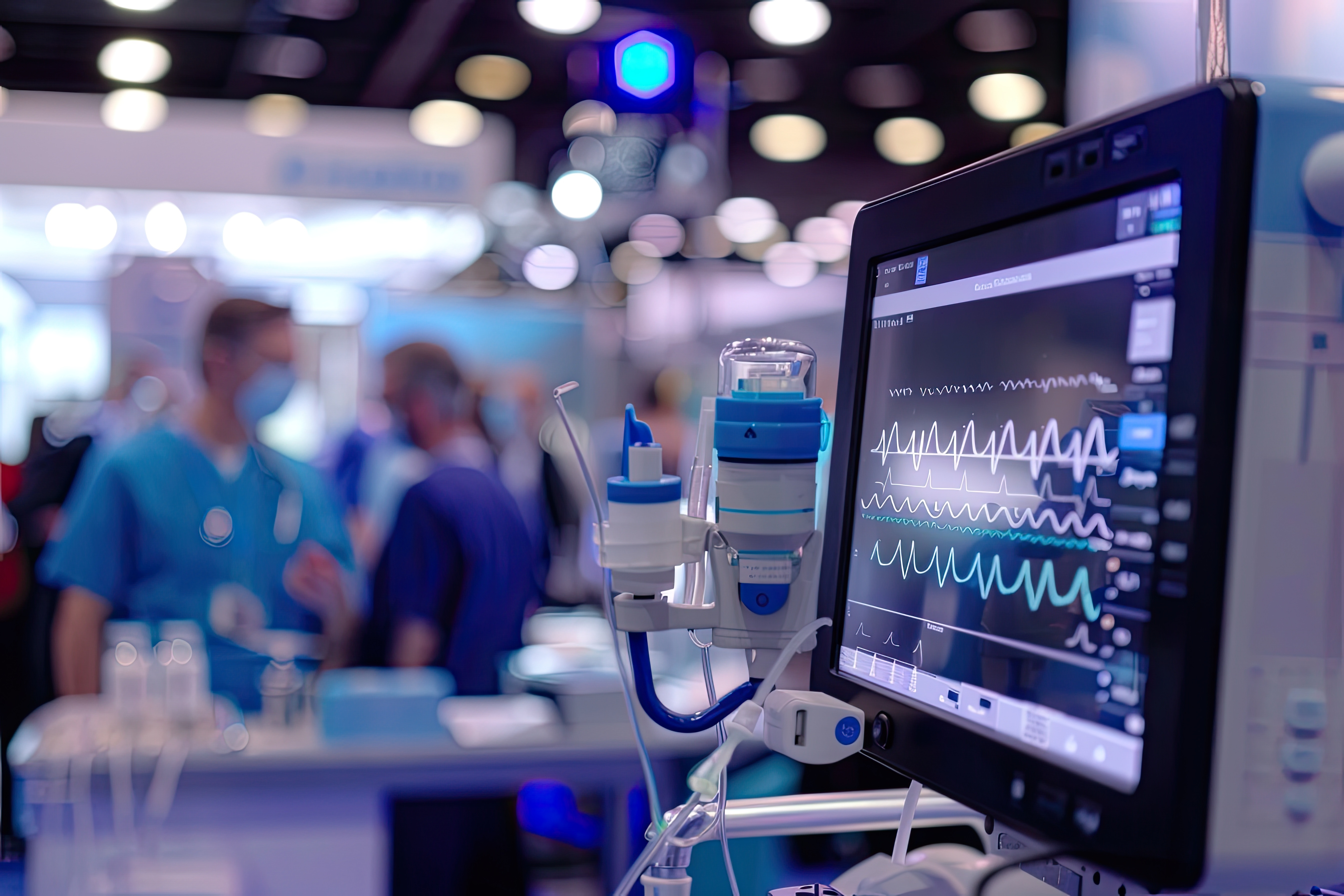Medical monitor displaying vital signs in a busy hospital setting with healthcare professionals in the background