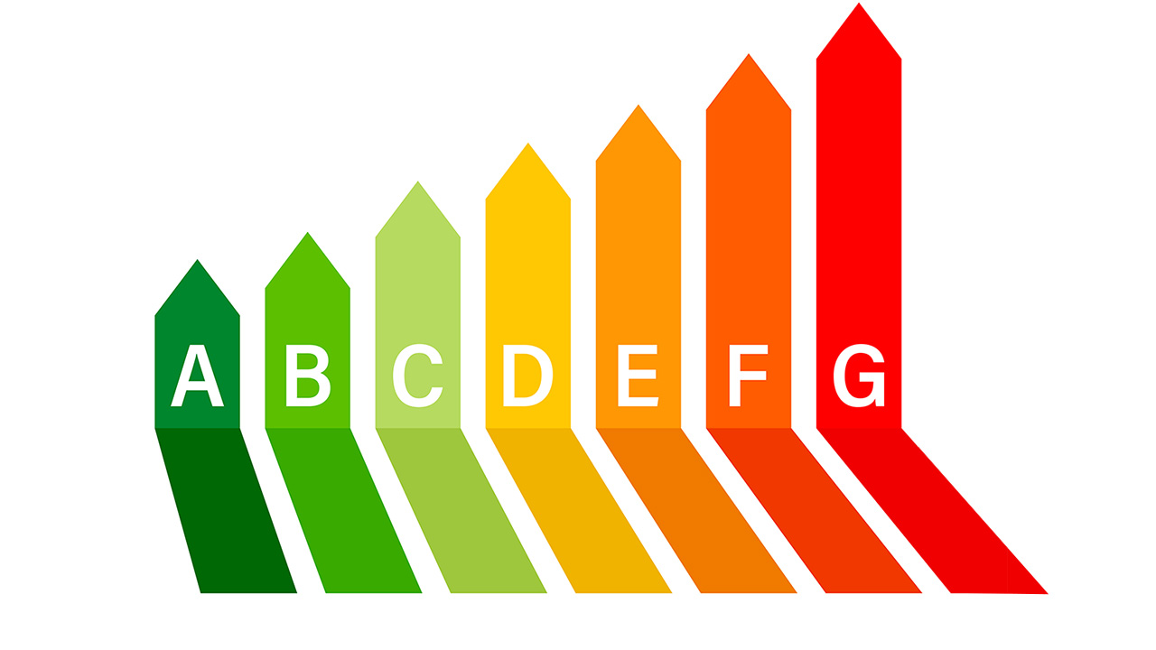 Energiklasser A-G i olika färger för energideklarationer.