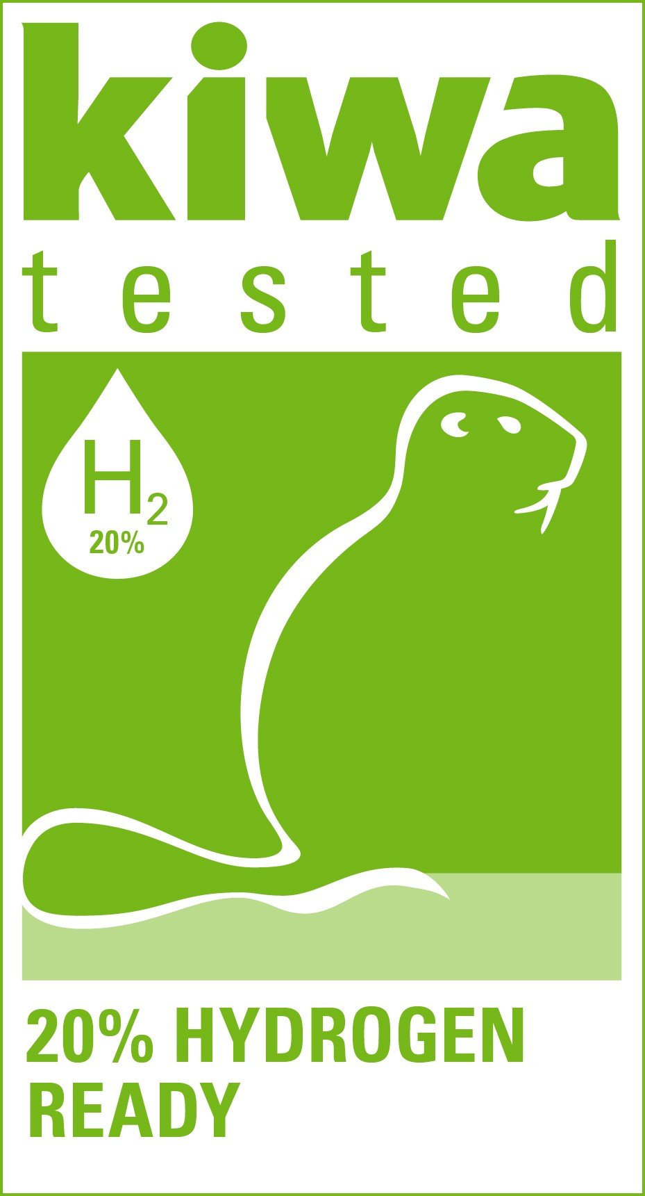 Kiwa tested logo indicating 20% hydrogen readiness, featuring a green beaver silhouette and a hydrogen (H2) drop symbol